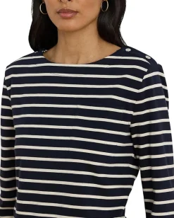 Lauren Ralph Lauren Petite Striped Jersey Snap-Trim Boatneck Top Lauren Navy/Mascarpone Cream Sale