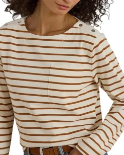 Women Lauren Ralph Lauren Petite Striped Jersey Snap-Trim Boatneck Top
