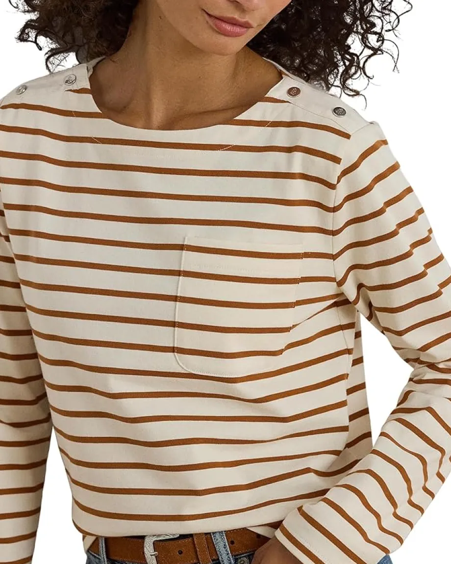 Women Lauren Ralph Lauren Petite Striped Jersey Snap-Trim Boatneck Top