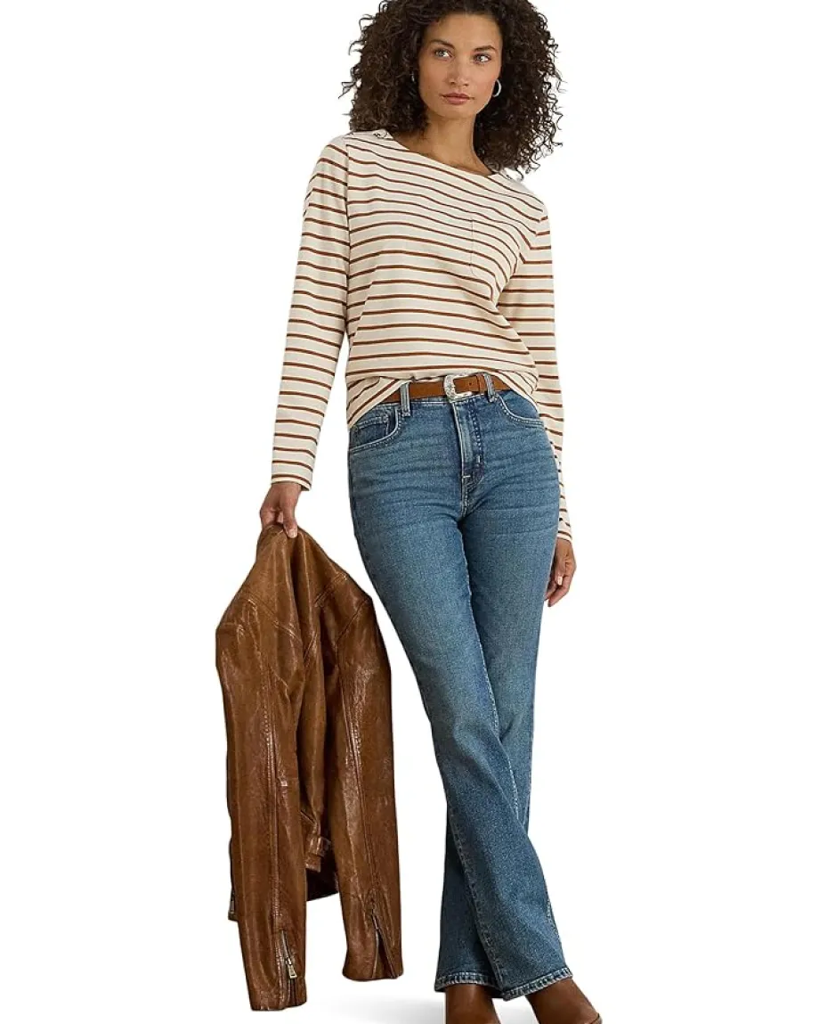 Women Lauren Ralph Lauren Petite Striped Jersey Snap-Trim Boatneck Top