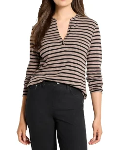 NIC+ZOE Petite Striped Long Sleeve Henley Tee Brown Multi Hot