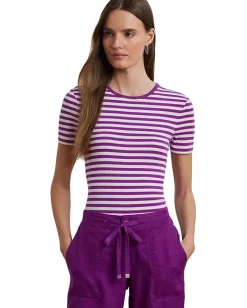 Lauren Ralph Lauren Petite Striped Stretch Cotton Crewneck Tee Purple Dawn/White Discount