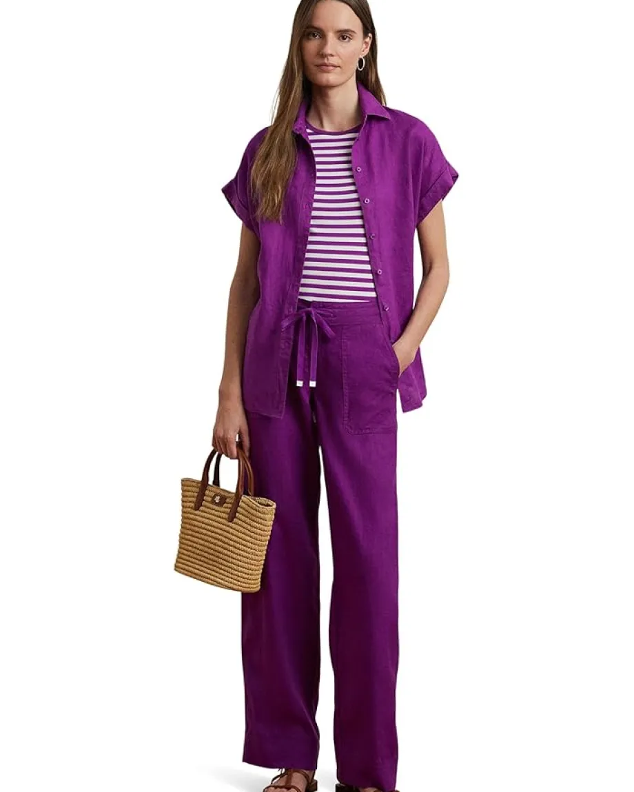 Lauren Ralph Lauren Petite Striped Stretch Cotton Crewneck Tee Purple Dawn/White Discount