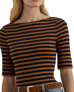 Women Lauren Ralph Lauren Petite Striped Stretch Cotton Boatneck Tee