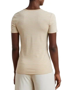 Lauren Ralph Lauren Petite Striped Stretch Cotton Crew Neck Tee Sand Dune/Mascarpone Cream Sale