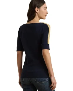 Lauren Ralph Lauren Petite Two-Tone Stretch Cotton Elbow-Sleeve Tee Lauren Navy/Relic Gold Sale