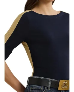 Lauren Ralph Lauren Petite Two-Tone Stretch Cotton Elbow-Sleeve Tee Lauren Navy/Relic Gold Sale