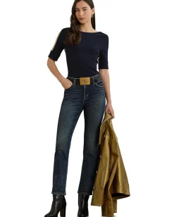 Lauren Ralph Lauren Petite Two-Tone Stretch Cotton Elbow-Sleeve Tee Lauren Navy/Relic Gold Sale