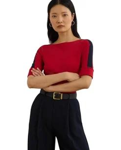 Lauren Ralph Lauren Petite Two-Tone Stretch Cotton Elbow-Sleeve Tee Festive Red/Lauren Navy Sale