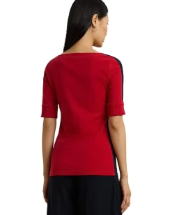 Lauren Ralph Lauren Petite Two-Tone Stretch Cotton Elbow-Sleeve Tee Festive Red/Lauren Navy Sale