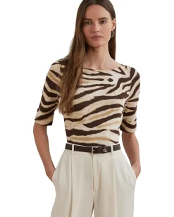 Lauren Ralph Lauren Petite Zebra-print Stretch Cotton Boatneck Tee Cream/Brown Discount
