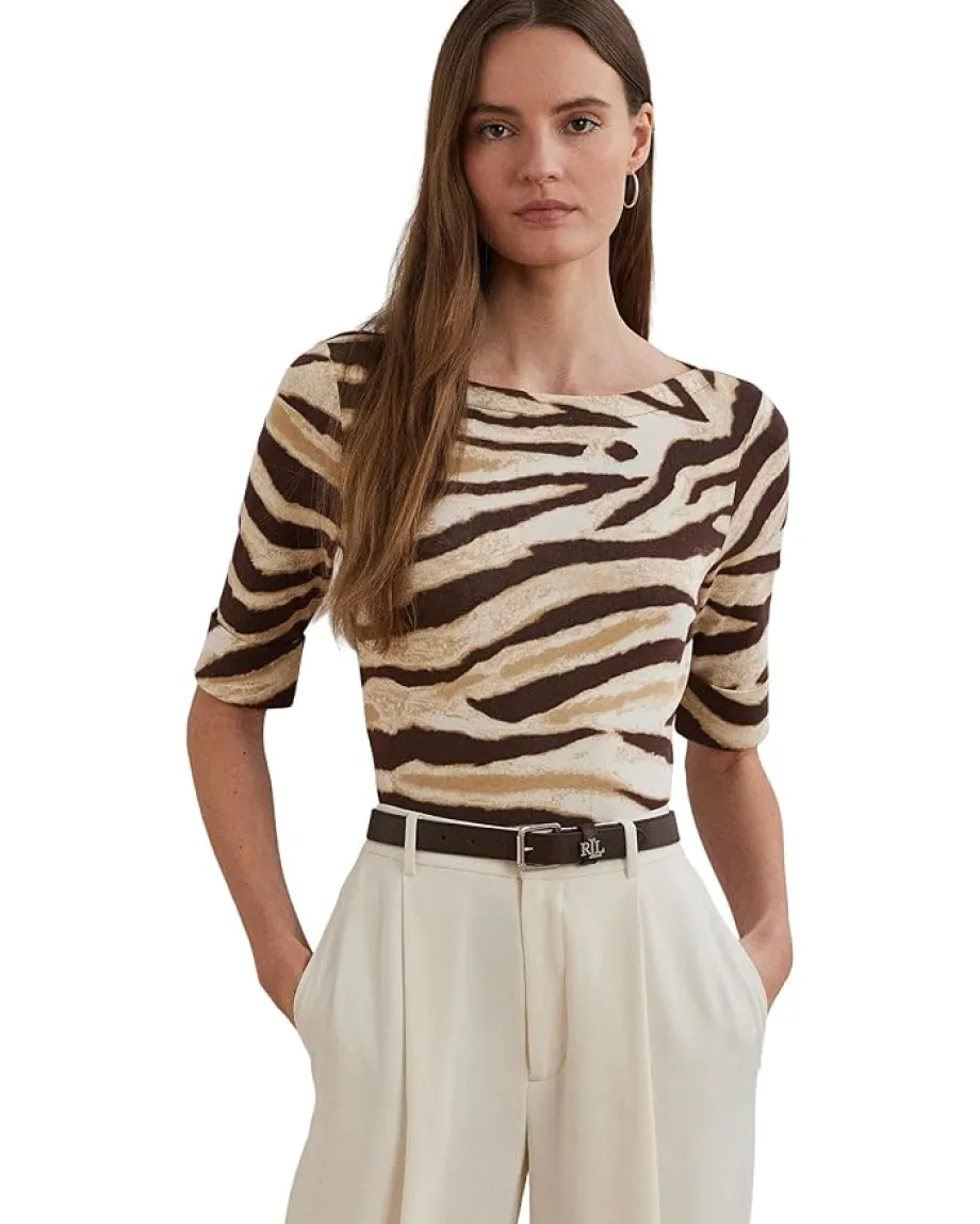Lauren Ralph Lauren Petite Zebra-print Stretch Cotton Boatneck Tee Cream/Brown Discount