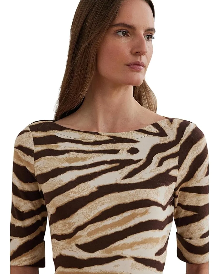 Lauren Ralph Lauren Petite Zebra-print Stretch Cotton Boatneck Tee Cream/Brown Discount