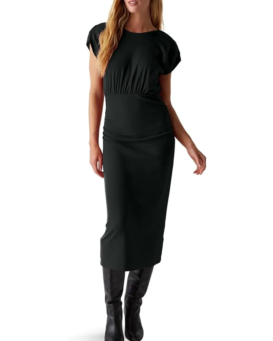 Michael Stars Pippa Gathered Empire Midi Dress Black Clearance