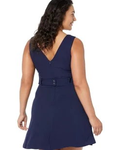 Vince Camuto Pixie Crepe V-Neck Fit-and-Flare with Self Belt At Back Waist Navy Outlet