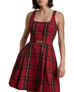 Lauren Ralph Lauren Plaid Belted Taffeta Cocktail Dress Black/Red