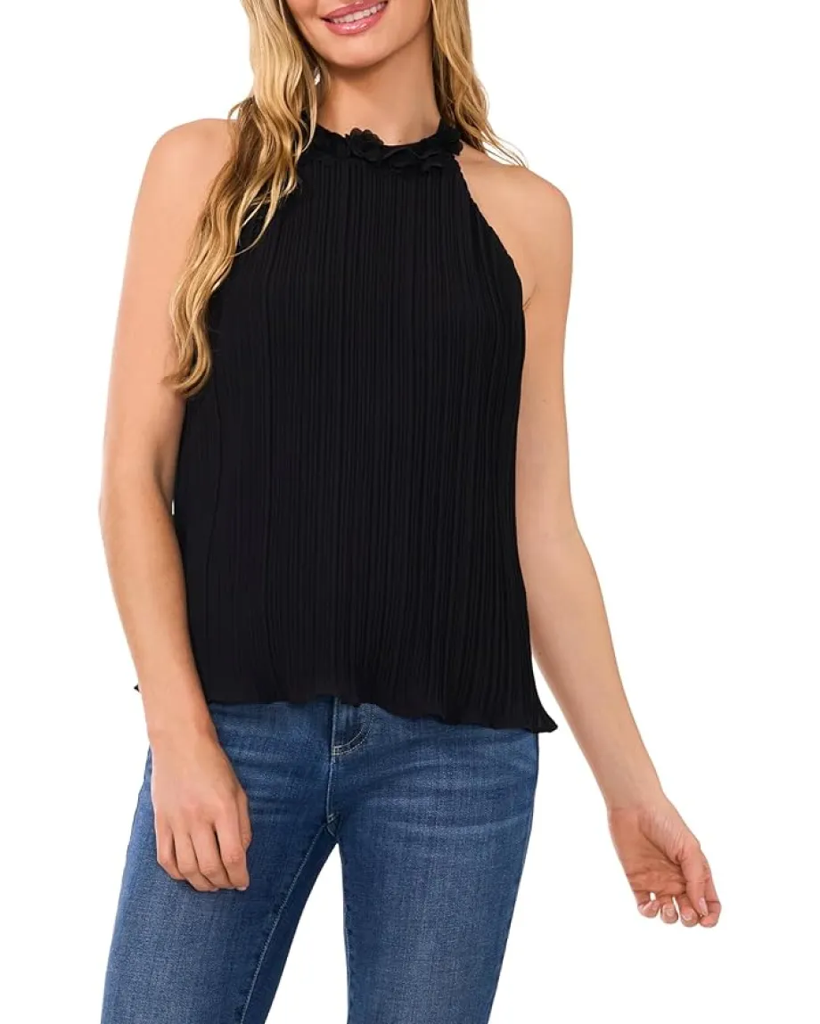 CeCe Pleated 3D Floral Halter Neck Top Rich Black