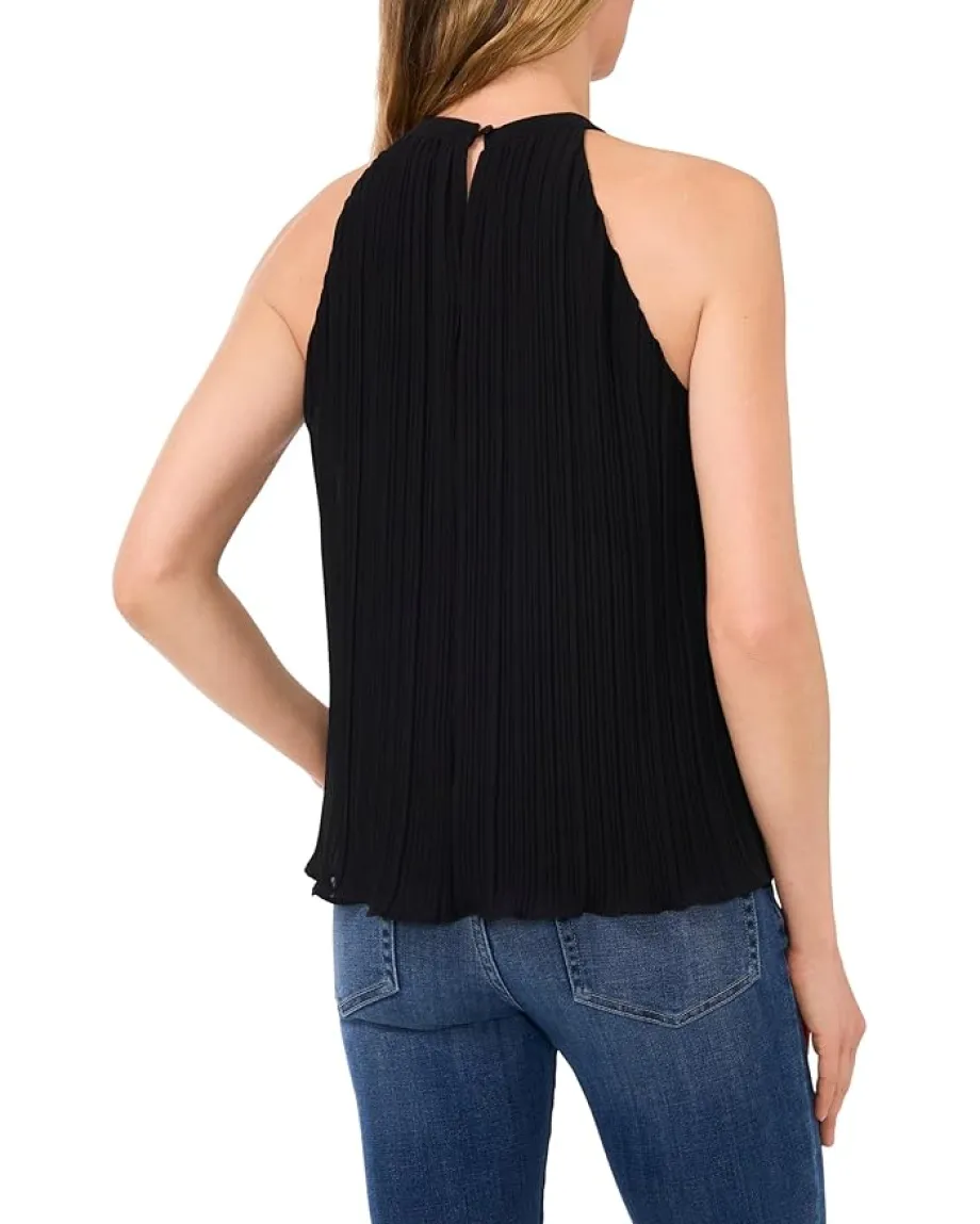 CeCe Pleated 3D Floral Halter Neck Top Rich Black