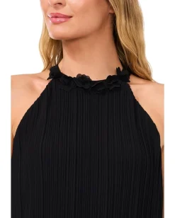 CeCe Pleated 3D Floral Halter Neck Top Rich Black