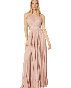 BCBGMAXAZRIA Pleated Metallic Cross Neck Evening Gown Bare Pink Online