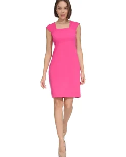 Tommy Hilfiger Pleated Shoulder Sleeveless Sheath Hot Pink Best