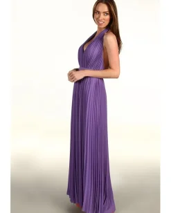 Women Halston Pleated V-Neck Gown With 1" Self Belt