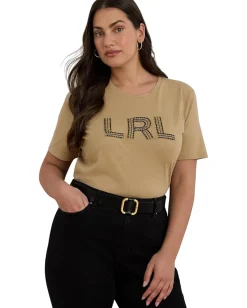 Lauren Ralph Lauren Plus Size Beaded-logo Cotton Jersey Tee Birch Tan Outlet