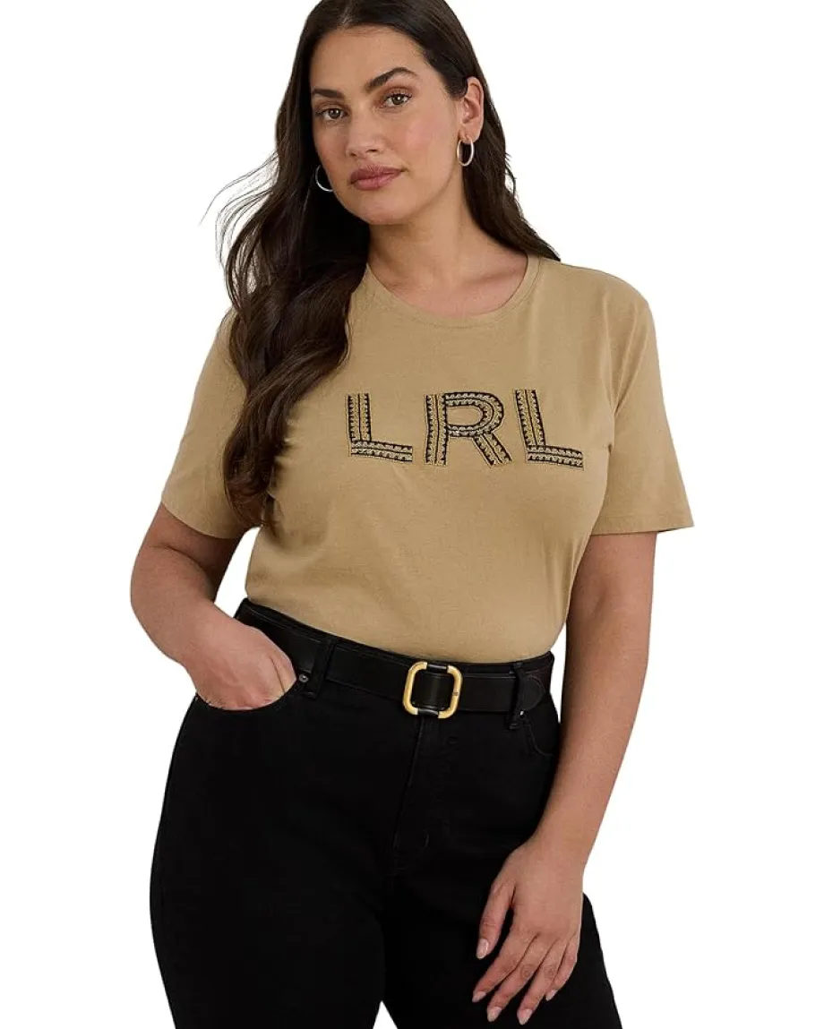 Lauren Ralph Lauren Plus Size Beaded-logo Cotton Jersey Tee Birch Tan Outlet