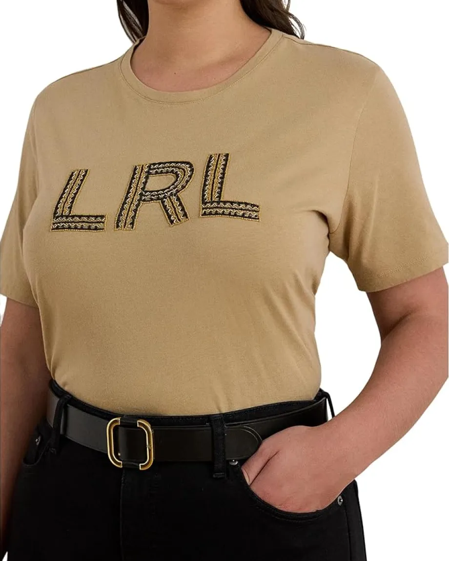 Lauren Ralph Lauren Plus Size Beaded-logo Cotton Jersey Tee Birch Tan Outlet