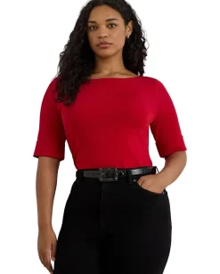 Lauren Ralph Lauren Plus Size Cotton Boat Neck T-Shirt Ralph Red Best