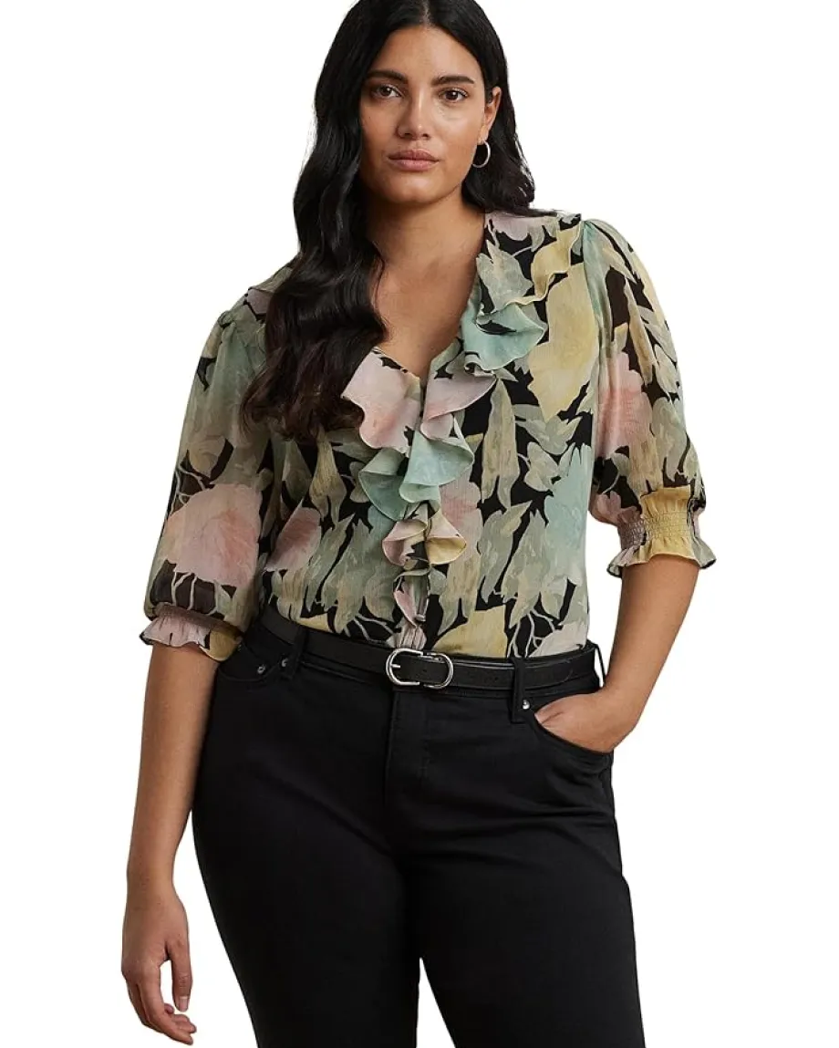 Lauren Ralph Lauren Plus Size Floral Georgette Ruffle-trim Blouse Black/Pink/Green Clearance