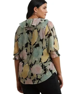 Lauren Ralph Lauren Plus Size Floral Georgette Ruffle-trim Blouse Black/Pink/Green Clearance