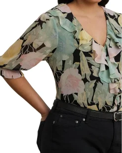 Lauren Ralph Lauren Plus Size Floral Georgette Ruffle-trim Blouse Black/Pink/Green Clearance