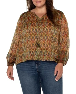 Women Liverpool Los Angeles Plus Size Long Sleeve Double Layer Tie Front Woven Blouse