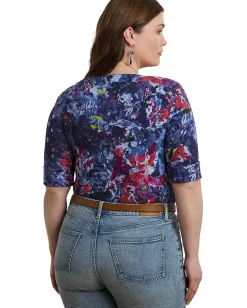 Lauren Ralph Lauren Plus Size Print Stretch Cotton Boatneck Tee Blue Multi Sale