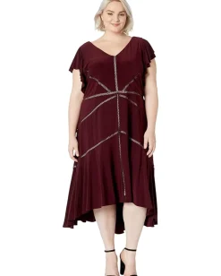 Taylor Plus Size Ruffle Sleeve Solid High-Low Dress Burgundy/Blush Discount