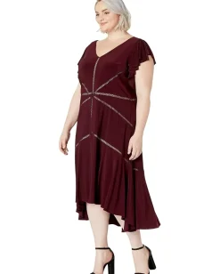 Taylor Plus Size Ruffle Sleeve Solid High-Low Dress Burgundy/Blush Discount