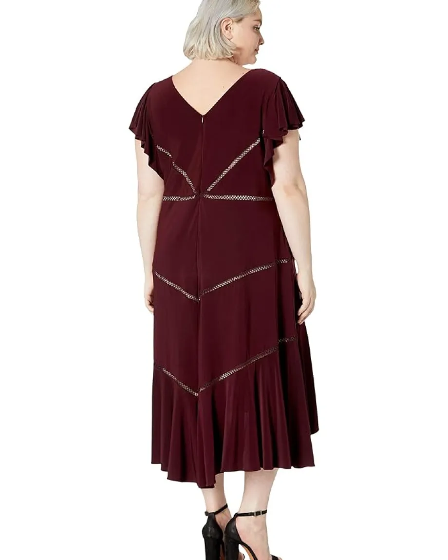Taylor Plus Size Ruffle Sleeve Solid High-Low Dress Burgundy/Blush Discount