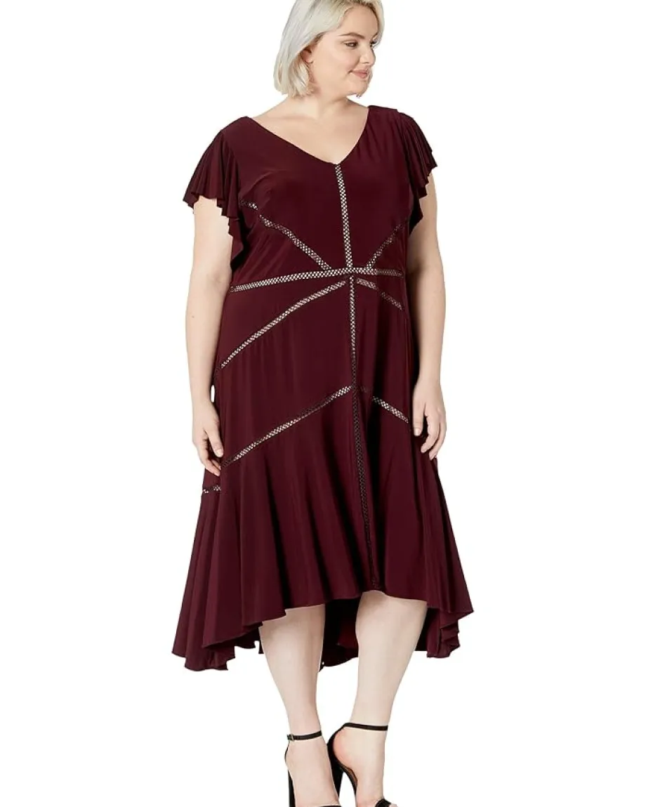 Taylor Plus Size Ruffle Sleeve Solid High-Low Dress Burgundy/Blush Discount