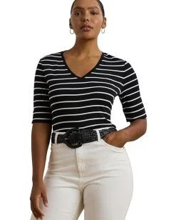 Lauren Ralph Lauren Plus Size Striped Cotton Elbow-sleeve V-neck Tee Black/White Sale