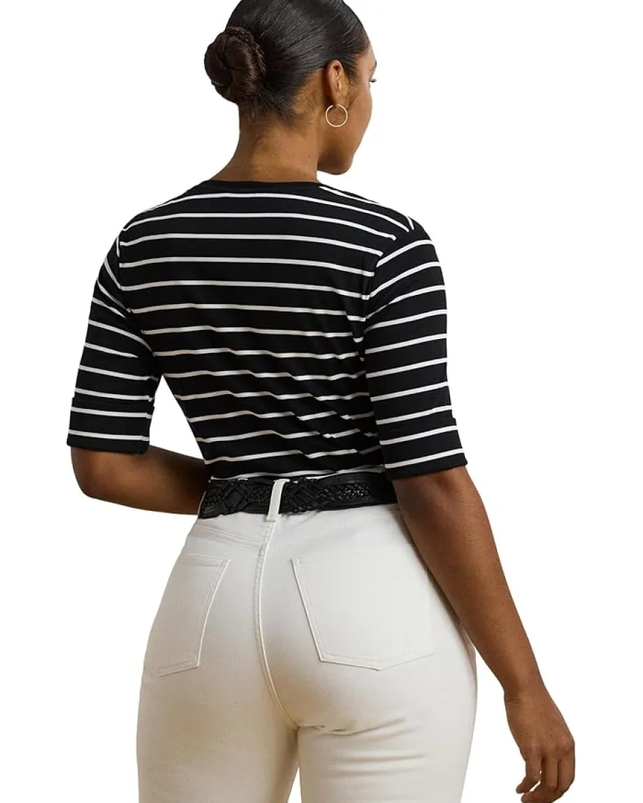 Lauren Ralph Lauren Plus Size Striped Cotton Elbow-sleeve V-neck Tee Black/White Sale