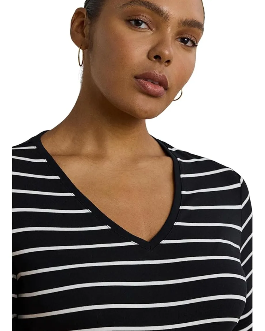 Lauren Ralph Lauren Plus Size Striped Cotton Elbow-sleeve V-neck Tee Black/White Sale