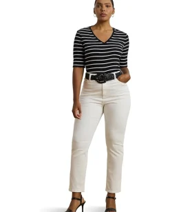 Lauren Ralph Lauren Plus Size Striped Cotton Elbow-sleeve V-neck Tee Black/White Sale