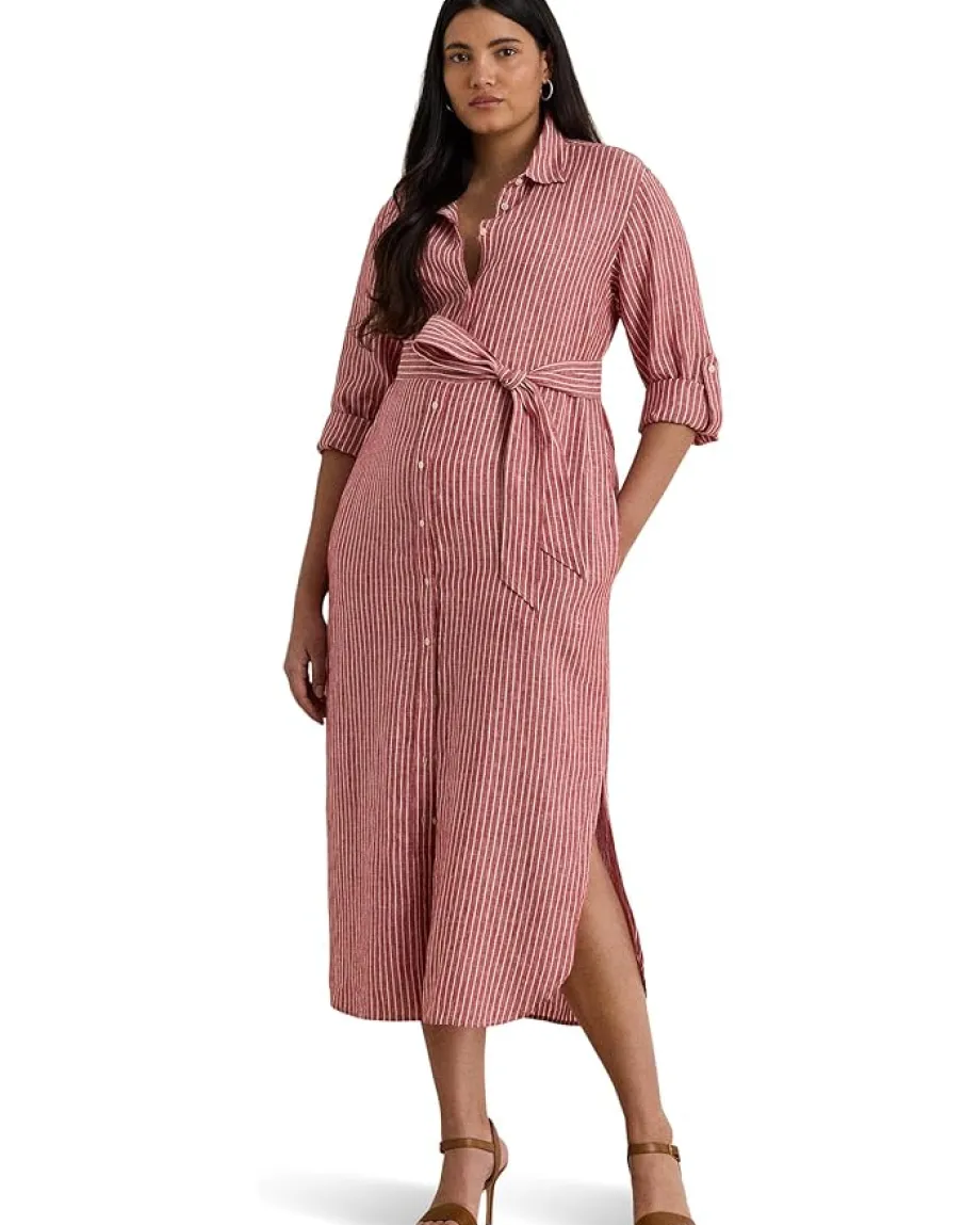 Lauren Ralph Lauren Plus Size Striped Linen Roll-tab-sleeve Shirtdress Light Red/White Sale