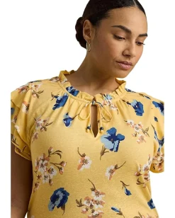 Lauren Ralph Lauren Plus-Size Floral Linen-Blend Jersey Tie-Neck Top Yellow Multi
