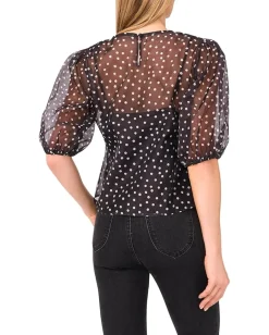 CeCe Polka Dot Balloon Short Sleeve Crew Neck Top Rich Black New