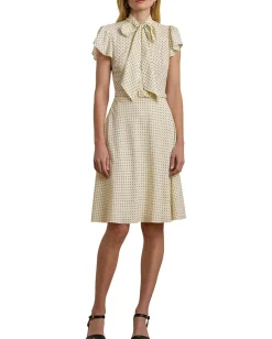 Lauren Ralph Lauren Polka-Dot Belted Crepe Tie-Neck Dress Cream/Black Discount