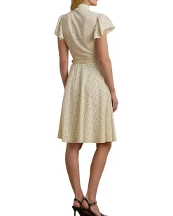 Lauren Ralph Lauren Polka-Dot Belted Crepe Tie-Neck Dress Cream/Black Discount