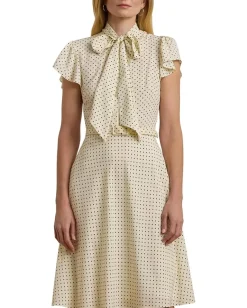 Lauren Ralph Lauren Polka-Dot Belted Crepe Tie-Neck Dress Cream/Black Discount