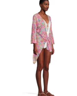 BECCA Polynesia Sheer Stretch Mesh Tie Front Cover-Up Multicolor